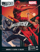 Unmatched: Hell's Kitchen game box featuring dynamic artwork of Daredevil, Elektra, and Bullseye engaged in a fierce battle. The bold title 'Hell's Kitchen' is prominently displayed. The vibrant colors and action-packed illustrations capture the excitement and intense atmosphere of the game, suitable for ages 14 and up.