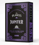 Jupiter Planets Playing Cards by VPC featuring elegant black and purple packaging with intricate designs. The front showcases the text 'The Planets' and 'Jupiter' prominently, along with artistic patterns and imagery that evokes a celestial theme, making it a perfect addition for card game enthusiasts.