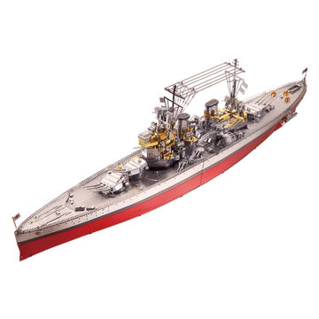 The HMS Prince of Wales DIY model kit by Piececool, featuring an intricately designed metallic battleship with detailed surface and construction elements. The ship showcases a sleek hull in red and silver, adorned with miniature components representing naval equipment and structures, perfect for enthusiasts and hobbyists.