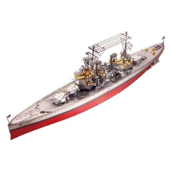 The HMS Prince of Wales DIY model kit by Piececool, featuring an intricately designed metallic battleship with detailed surface and construction elements. The ship showcases a sleek hull in red and silver, adorned with miniature components representing naval equipment and structures, perfect for enthusiasts and hobbyists.