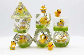 A vibrant Happy Bees RPG Dice Set featuring six polyhedral dice, each with embedded cheerful yellow bee figures. The dice are clear with green bases and silver numbers, showcasing a playful and whimsical design suitable for table-top role-playing games.