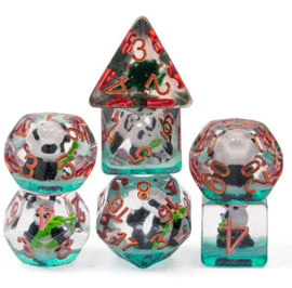 A colorful RPG dice set featuring panda designs encapsulated in clear resin. The set includes various shapes of dice, each displaying numbers in vibrant colors, with a bamboo-themed aesthetic enhancing the playful look. Perfect for tabletop gaming enthusiasts who appreciate unique and whimsical dice.