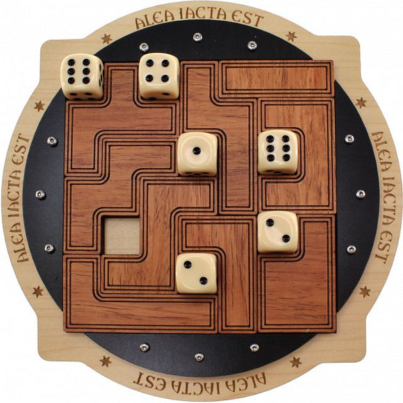 Alea Iacta Est is a beautifully crafted mechanical puzzle designed by Jean Claude. It features a wooden base with intricate pathways and spaces for dice. The puzzle includes several dice positioned along the paths, with a combination of dots on each die, showcasing an engaging design. The circular wooden frame has the name 'Alea Iacta Est' elegantly engraved around its edge, adding to its aesthetic appeal.