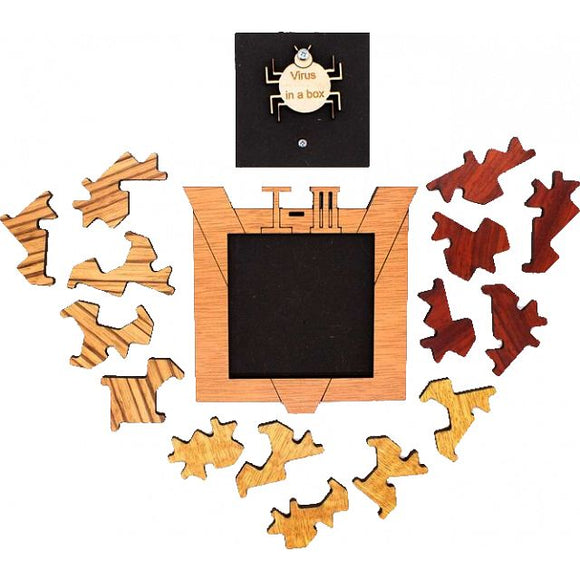 Virus in The Box is a mechanical puzzle featuring a unique assembly of intricately designed wooden pieces. It includes a square base with a central compartment and various shaped pieces around it, each crafted to fit together, offering a challenging and engaging experience for puzzle enthusiasts.