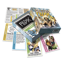 Olympus Fluxx card game by Looney Labs, showcasing the colorful box featuring Zeus and various game cards. The game includes instructions and card types such as action, goal, and pandora's box, emphasizing dynamic, ever-changing gameplay.