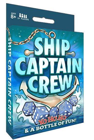 Ship Captain Crew Dice Game packaging featuring colorful graphics of the game title, an anchor, and dice, ideal for ages 8 and up, designed for 2 or more players.