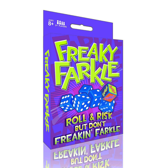 Freaky Farkle Dice Game by Wood Expressions. The vibrant game box features bold colors, showcasing playful typography and illustrations of blue dice. The packaging highlights that it's for ages 8 and up and requires 2 or more players. The tagline 'Roll & Risk But Don't Freakin' Farkle' adds a fun touch, enticing players to enjoy this exciting dice game.