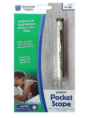 The GeoSafari® Pocket Scope by Educational Insights is a compact, sleek magnifying tool designed for young explorers. It features a 2-in-1 function, providing 2x magnification for nearby objects and 30x magnification for distant views. The packaging shows a child joyfully using the Pocket Scope, highlighting its educational value and engaging design. Ideal for nature observations and scientific inquiries, it's perfect for ages 6 and up.