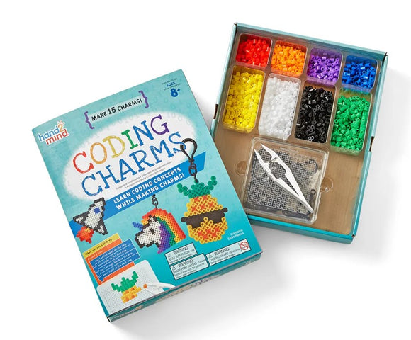 The Coding Charms Kit by Educational Insights features a colorful package showcasing the ability to make 15 unique coding-related charms. It includes vibrant beads in various colors, a charm holder, and design templates to learn coding concepts through engaging hands-on activities, targeted for ages 8 and up.