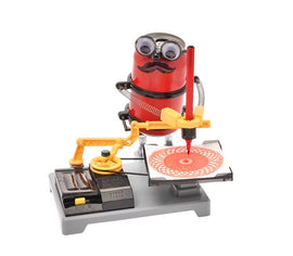 The Arts Robot Spiral Factory by PlaySTEM is a creative DIY kit featuring a whimsical robot with googly eyes and a mustache, holding a pen to draw intricate spiral designs on a piece of paper. The robot is connected to a mechanical arm that assists in the drawing process, demonstrating an engaging blend of art and engineering for young learners.