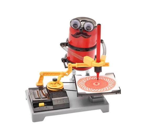 The Arts Robot Spiral Factory by PlaySTEM is a creative DIY kit featuring a whimsical robot with googly eyes and a mustache, holding a pen to draw intricate spiral designs on a piece of paper. The robot is connected to a mechanical arm that assists in the drawing process, demonstrating an engaging blend of art and engineering for young learners.