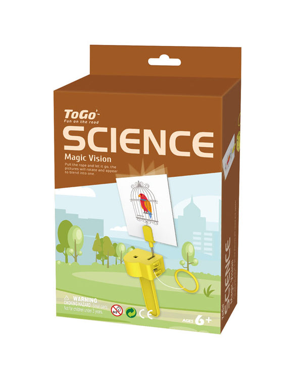 The Magic Vision kit by PlaySTEAM is a fun DIY science activity for kids aged 6 and up. It features a yellow handheld device that transforms images by pulling a string, creating a mesmerizing optical illusion. The packaging showcases a vibrant outdoor scene with trees and buildings, enhancing the visual appeal of the product, which encourages creativity and learning.