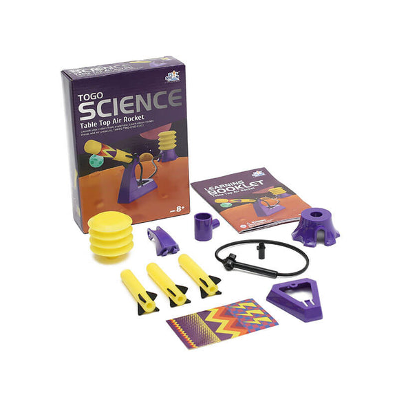 The Table Top Air Rocket kit from PlaySTEAM is displayed, featuring colorful components including a launcher, rockets, and a learning booklet. It is designed for DIY enthusiasts aged 8 and up and promotes fun and educational hands-on learning about air propulsion and science principles.