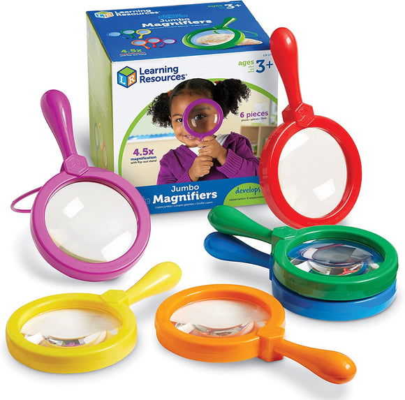 Colorful Jumbo Magnifiers set by Educational Insights features six magnifiers in red, green, blue, yellow, purple, and orange. Each magnifier boasts 4.5x magnification with a flip-out stand, perfect for children's exploration and learning activities.