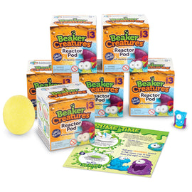 A colorful assortment of Beaker Creatures Reactor Pods displayed together. Each box is designed with vibrant graphics of the creatures and features elements related to the product. A yellow sponge and a booklet titled 'Slime Time' are also included, showcasing fun activities and instructions for kids. Ideal for fostering creativity and hands-on learning, these pods offer mystery creatures to collect, providing excitement and exploration.