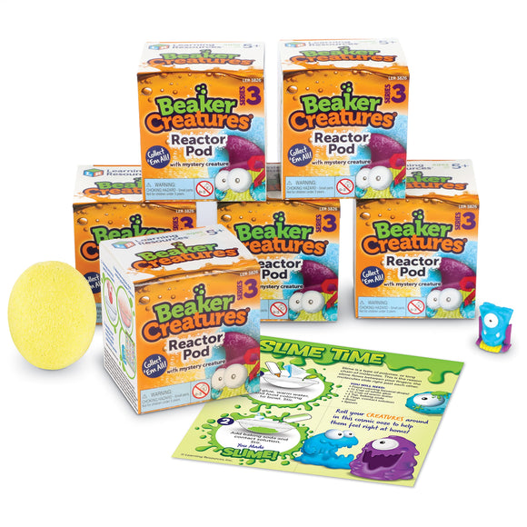 A colorful assortment of Beaker Creatures Reactor Pods displayed together. Each box is designed with vibrant graphics of the creatures and features elements related to the product. A yellow sponge and a booklet titled 'Slime Time' are also included, showcasing fun activities and instructions for kids. Ideal for fostering creativity and hands-on learning, these pods offer mystery creatures to collect, providing excitement and exploration.