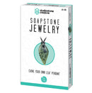 Stone Jewelry Kit Leaf by Studiostone Creative. This DIY kit allows you to carve your own beautiful soapstone leaf pendant. The packaging showcases the finished pendant design, emphasizing creativity and eco-friendliness.