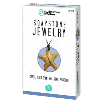 Stone Jewelry Kit Sea Star by Studiostone Creative. A DIY kit for carving a sea star pendant from soapstone, showcasing an eco-friendly design. The packaging features clear instructions and an illustration of the finished pendant.