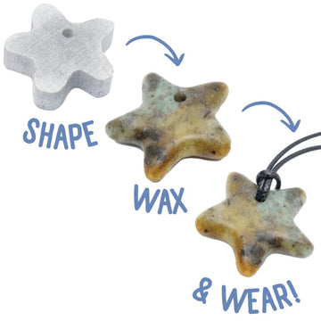 Stone Jewelry Kit Sea Star by Studiostone Creative featuring steps to create your own jewelry: shape the stone, wax it, and wear the finished piece. Includes star-shaped and wax materials.