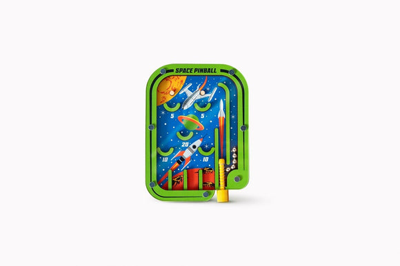The Space Pinball Game by The Original Toy Company features a vibrant and eye-catching design. It includes colorful graphics of spaceships, planets, and vibrant scoring zones set against a starry sky background. The game has a yellow handle for launching the pinball, and various scoring areas identified by numbers, creating an engaging and fun experience for players of all ages.