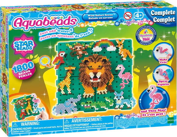 Aqua Beads Wild Safari Scene DIY kit featuring a vibrant assortment of colorful beads. The design showcases various safari animals like a lion, flamingos, and an elephant, against a lush green background. The box highlights 'Just add water' instructions and indicates that it contains 1800 beads. Ideal for creative play and artistic construction for children aged 4 and up.