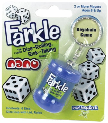 Farkle Nano by PlayMonster is a portable dice-rolling game, featuring a small keychain-sized container that holds six dice. The game is designed for two or more players aged 8 and up, and emphasizes fun, risk-taking, and strategy. The packaging showcases vibrant graphics with dice illustrations, highlighting the engaging gameplay experience.