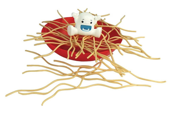 A playful game scene featuring a white yeti figure surrounded by strands of spaghetti in a red bowl. The yeti has a cheerful expression, showcasing its snowy appearance against the messy pasta background. This fun game invites players to carefully remove spaghetti strands without disrupting the yeti's balance.