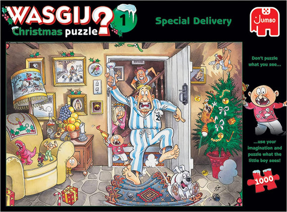 Wasgij Christmas 1 - Special Delivery jigsaw puzzle by Jumbo featuring a humorous holiday scene. It shows a man in pajamas startled at the door, a decorated Christmas tree, and various whimsical characters and decorations, encouraging puzzlers to imagine the scene from a different perspective.