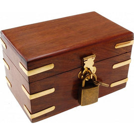 A detailed image of the Pick Lock Box Puzzle Box by Jean-Claude Constantin. This wooden mechanical puzzle box features a rich brown finish with golden metal accents and a classic padlock. It invites users to engage in a fun, hands-on challenge to unlock its secrets, showcasing intricate craftsmanship.