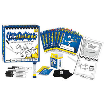 Telestrations game by USAopoly, featuring a colorful box, drawing boards, markers, an hourglass timer, and a deck of cards. Perfect for drawing and guessing fun with friends and family.