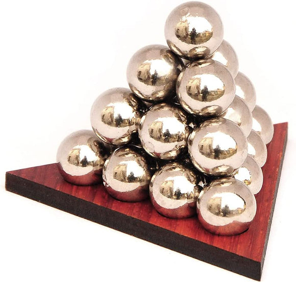 A metal Kugelpyramid puzzle by Jean-Claude Constantin featuring shiny silver balls arranged in a pyramid shape on a wooden base, showcasing a mechanical design that challenges problem-solving skills.