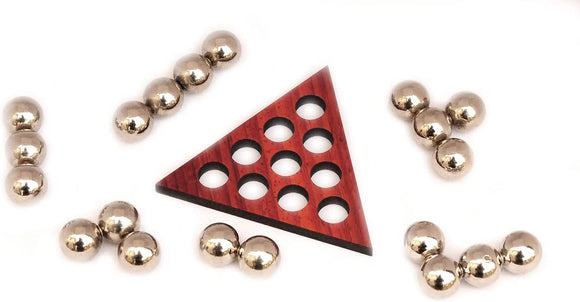 Kugelpyramid Metal Pyramid Puzzle by Jean-Claude Constantin. The puzzle features a triangular wooden base with circular holes and shiny metallic balls. A challenging and engaging mechanical puzzle that tests spatial reasoning and problem-solving skills.