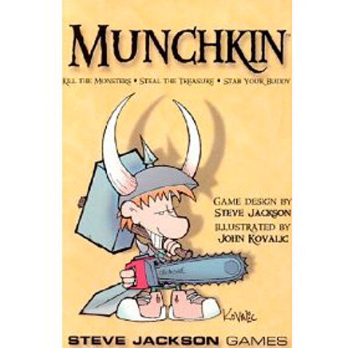 The game 'Munchkin' by Steve Jackson Games features a whimsical cartoon character wearing a horned helmet and holding a chainsaw. The background includes vibrant colors and playful graphics, showcasing the fun nature of the game.