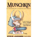 The game 'Munchkin' by Steve Jackson Games features a whimsical cartoon character wearing a horned helmet and holding a chainsaw. The background includes vibrant colors and playful graphics, showcasing the fun nature of the game.