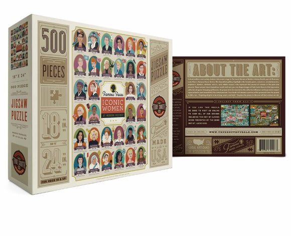 The packaging of the True South Puzzles jigsaw puzzle titled 'Iconic Women of Modern History.' The puzzle features vibrant illustrations of influential women, along with text detailing the puzzle's dimensions and piece count. The box displays a colorful collage of iconic figures, artistic designs, and informative sections about the art and creators.