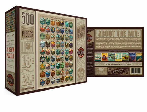National Parks Emblems jigsaw puzzle by True South Puzzles. Features 500 pieces in a finished size of 18 x 24 inches. Box design showcases various national park emblems and vibrant artwork with informative details on the reverse.