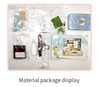 Display of Happiness Theater DIY kit by Guangzhou Hongda Craft Co., Ltd. showing a variety of materials including a tin box, miniature accessories, tools, and papers for creating a detailed scene.