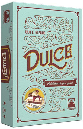 Dulce by Stronghold Games is a beautifully designed game box featuring ornate design elements and the title 'Dulce' prominently displayed. The packaging also includes a whimsical illustration of a dessert, inviting players to enjoy a deliciously fun gaming experience.