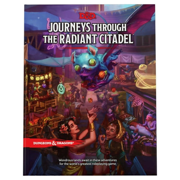 Cover of the D&D: Journeys Through the Radiant Citadel game, featuring vibrant artwork of a bustling market with characters, colorful creatures, and magical elements. The title is prominently displayed at the top along with the Dungeons & Dragons logo at the bottom.