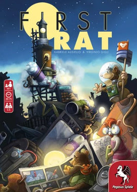 The game 'First Rat' by Pegasus Spiele features whimsical artwork showing cartoonish rats engaged in adventurous activities. The background includes a night sky with a full moon, a tall tower, and various objects suggesting a playful and imaginative theme. The box cover highlights the title prominently with colors that attract attention, making it ideal for family game nights or casual gatherings.