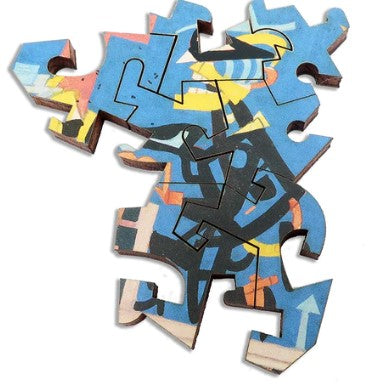 Colorful jigsaw puzzle pieces from 'Gunfight on the Roof' by Jim Flora showcasing abstract designs and vibrant colors. Each piece features intricate shapes that fit together to create a unique artwork, perfect for puzzlers and art enthusiasts.