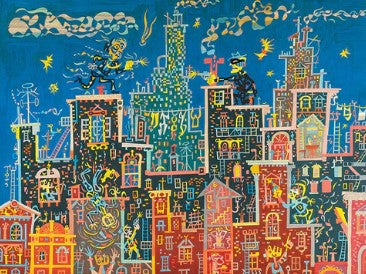 A colorful jigsaw puzzle depicting a whimsical scene titled 'Gunfight on the Roof' by Jim Flora. The illustration features two figures engaged in a playful gunfight atop stylized rooftops. The vibrant cityscape is filled with intricate details, including buildings, smoke, and playful characters against a blue sky, showcasing Flora's signature artistic style.