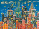 A colorful jigsaw puzzle depicting a whimsical scene titled 'Gunfight on the Roof' by Jim Flora. The illustration features two figures engaged in a playful gunfight atop stylized rooftops. The vibrant cityscape is filled with intricate details, including buildings, smoke, and playful characters against a blue sky, showcasing Flora's signature artistic style.