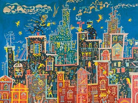 A colorful jigsaw puzzle depicting a whimsical scene titled 'Gunfight on the Roof' by Jim Flora. The illustration features two figures engaged in a playful gunfight atop stylized rooftops. The vibrant cityscape is filled with intricate details, including buildings, smoke, and playful characters against a blue sky, showcasing Flora's signature artistic style.