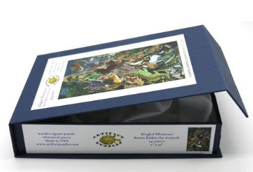 Artifact Wooden Puzzles presents 'Raven Rallies the Animals', a beautifully illustrated jigsaw puzzle featuring a captivating design of woodland animals and a mysterious raven in vibrant colors. The puzzle comes in a sturdy box, perfect for storage and gifting.