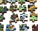 Close-up of intricately designed wooden jigsaw puzzle pieces featuring colorful illustrations of animals and nature, part of the Raven Rallies the Animals puzzle created by Artifact Wooden Puzzles.
