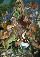 A vibrant jigsaw puzzle titled 'Raven Rallies the Animals' by Artifact Wooden Puzzles. The image features an intricate scene depicting various animals, including a lion, deer, birds, and a dragon, gathered around a mystical mountain landscape adorned with lush trees and vibrant colors. The composition captures a sense of adventure and unity among the animal kingdom, making it perfect for puzzle enthusiasts and nature lovers alike.
