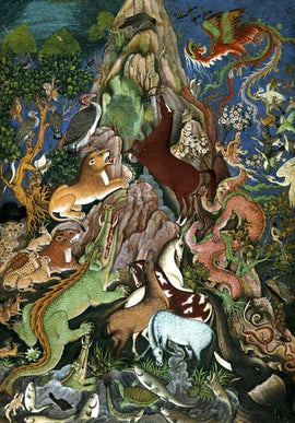 A vibrant jigsaw puzzle titled 'Raven Rallies the Animals' by Artifact Wooden Puzzles. The image features an intricate scene depicting various animals, including a lion, deer, birds, and a dragon, gathered around a mystical mountain landscape adorned with lush trees and vibrant colors. The composition captures a sense of adventure and unity among the animal kingdom, making it perfect for puzzle enthusiasts and nature lovers alike.