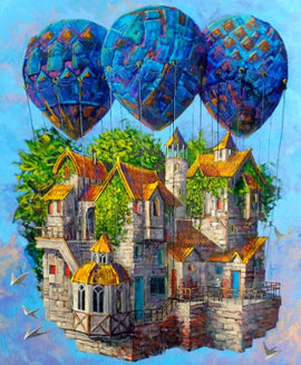 A vibrant jigsaw puzzle illustration titled 'Floating Town' by Roch Urbaniak, featuring whimsical floating houses connected to colorful hot air balloons against a bright blue sky.