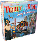 Ticket to Ride: San Francisco board game box designed by Days of Wonder, featuring vibrant illustrations of iconic San Francisco scenes, including a cable car, colorful houses, and a diverse group of characters enjoying the city. The box highlights the game's theme of train travel and exploration, inviting players to embark on an exciting journey through San Francisco.
